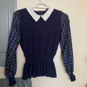 NEM navy blue peplum sweater with white collar